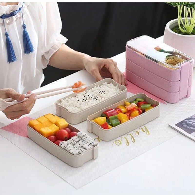

Wheat Straw Lunch Box with Tableware Three-Layer Students Portable Lunch Box Environmental Protection Office Worker Lunch Box