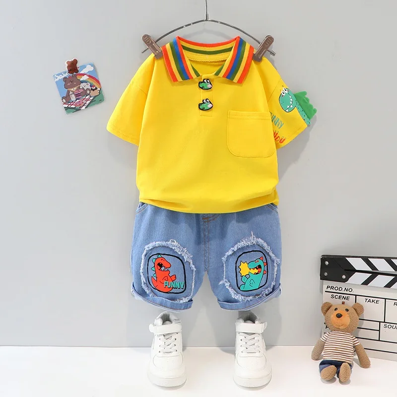 Children's Summer Boys' suit new cartoon dinosaur print Lapel short sleeve + denim shorts two-piece set baby out fashion suit
Children's Summer Boys' suit new cartoon dinosaur print Lapel short sleeve + denim shorts two-piece set baby out fashion suit
