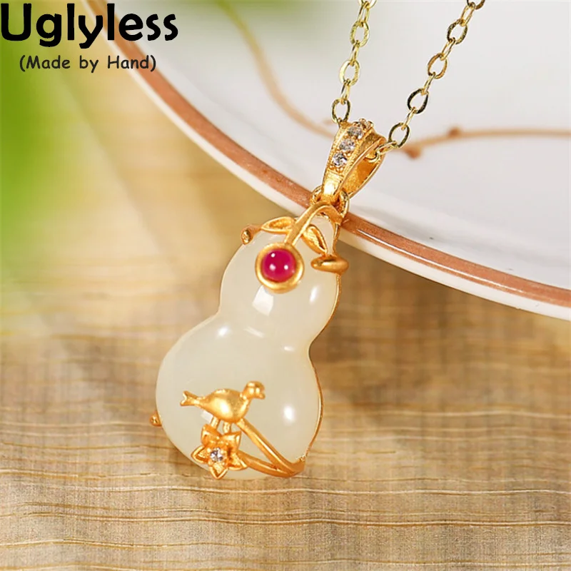 Uglyless Gold Handmade Bird Pendants for Women Natural Nephrite Jade Gourd Necklaces NO Chain 925 Silver Leaves Ethnic Jewelry 
Uglyless Gold Handmade Bird Pendants for Women Natural Nephrite Jade Gourd Necklaces NO Chain 925 Silver Leaves Ethnic Jewelry