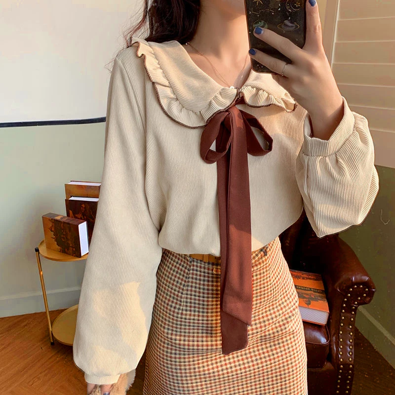 Deeptown Corduroy Kawaii Shirts Women Bow Peter Pan Collar Blouse for Teen Autumn 2022 Uniform Long Sleeve Button Up Clothes
Deeptown Corduroy Kawaii Shirts Women Bow Peter Pan Collar Blouse for Teen Autumn 2022 Uniform Long Sleeve Button Up Clothes