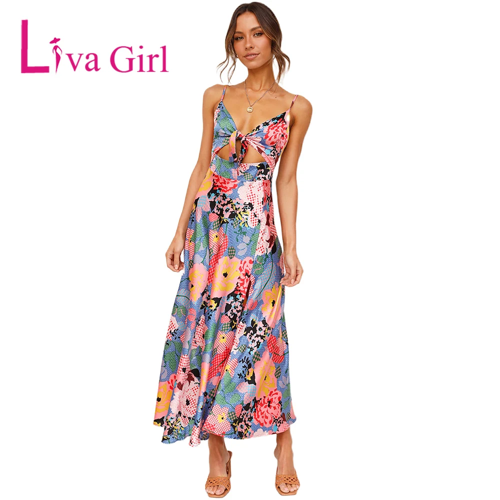 

LIVA GIRL Sexy Floral Print Bust Knot Long Dress with Slit Woman 2022 Summer Spaghetti Strap Cocktail Party Elegant Maxi Dresses