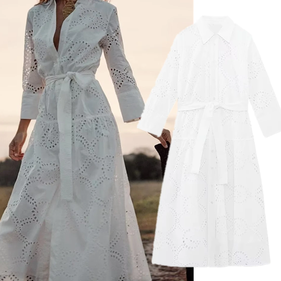 Maxdutti 2023 French Cotton Hollow Embroidery Midi Dress Elegant White Summer Fashion Long Shirt Dress Women
Maxdutti 2023 French Cotton Hollow Embroidery Midi Dress Elegant White Summer Fashion Long Shirt Dress Women