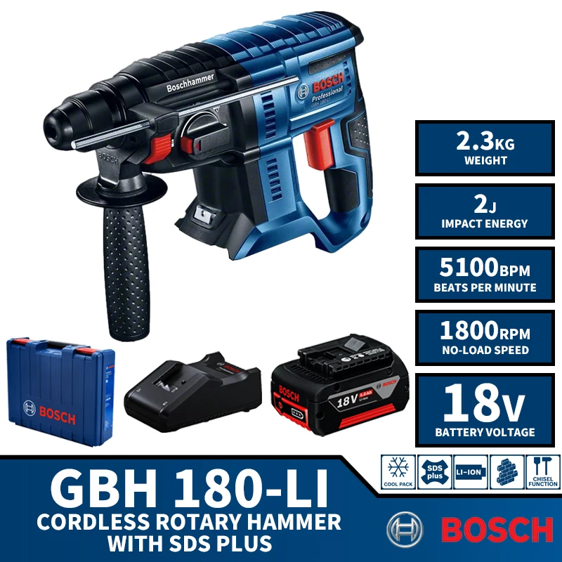 

BOSCH GBH 180-LI Brushless Cordless Rotary Hammer With SDS PLUS Drill 18V Lithium Battery Power Tools 2J With Battery Charger