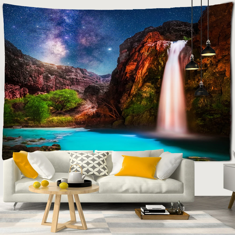 

Starry sky forest scenery tapestry moonlight night psychedelic bohemian wall hanging home room art background cloth decoration