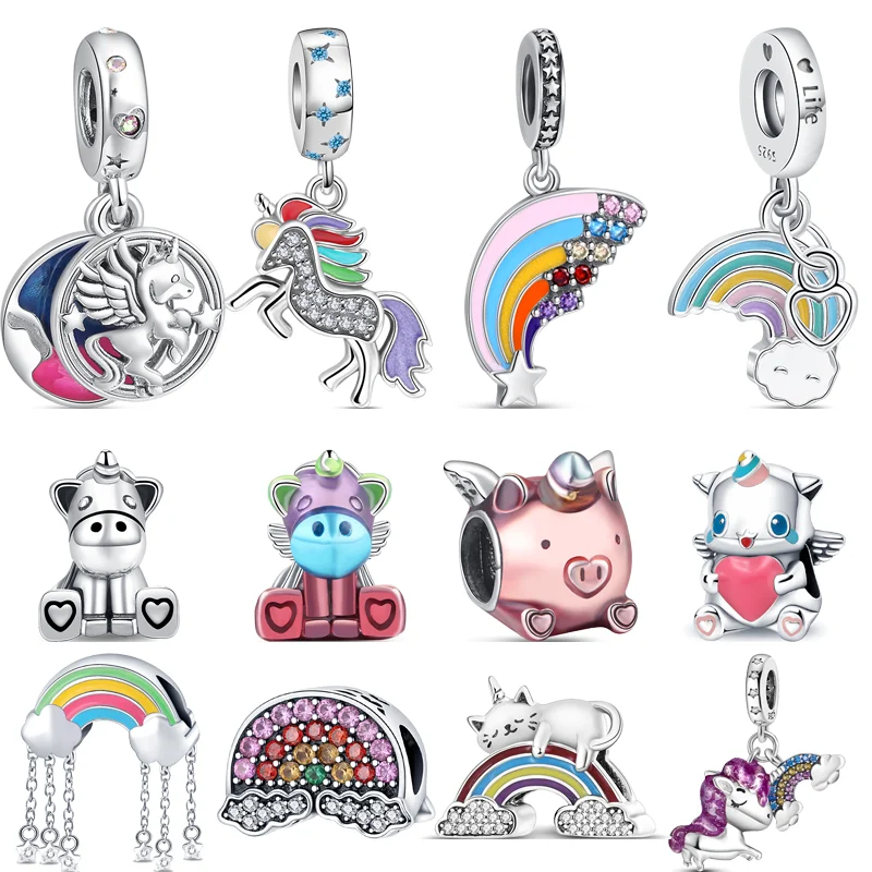 

100% 925 Sterling Silver Flying Magic Unicorn Rainbow Cloud Shiny Pendant Beads Fit Original Pandora Charm Bracelet Fine Jewelry