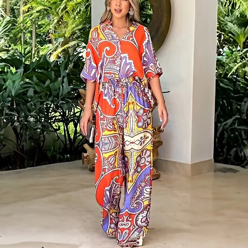 2023 Casual Autumn Winter Women Set Vintage Print Lapel Lantern Sleeve Blouse Shirt Top & Pocket Wide Leg Pants Two Piece Set
2023 Casual Autumn Winter Women Set Vintage Print Lapel Lantern Sleeve Blouse Shirt Top & Pocket Wide Leg Pants Two Piece Set
