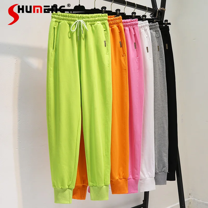 

Casual Women's Fluorescent Green Sweatpants 2022 Spring Autumn Loose High Waist Trousers Ankle-Tied Harem Sports Pants Female