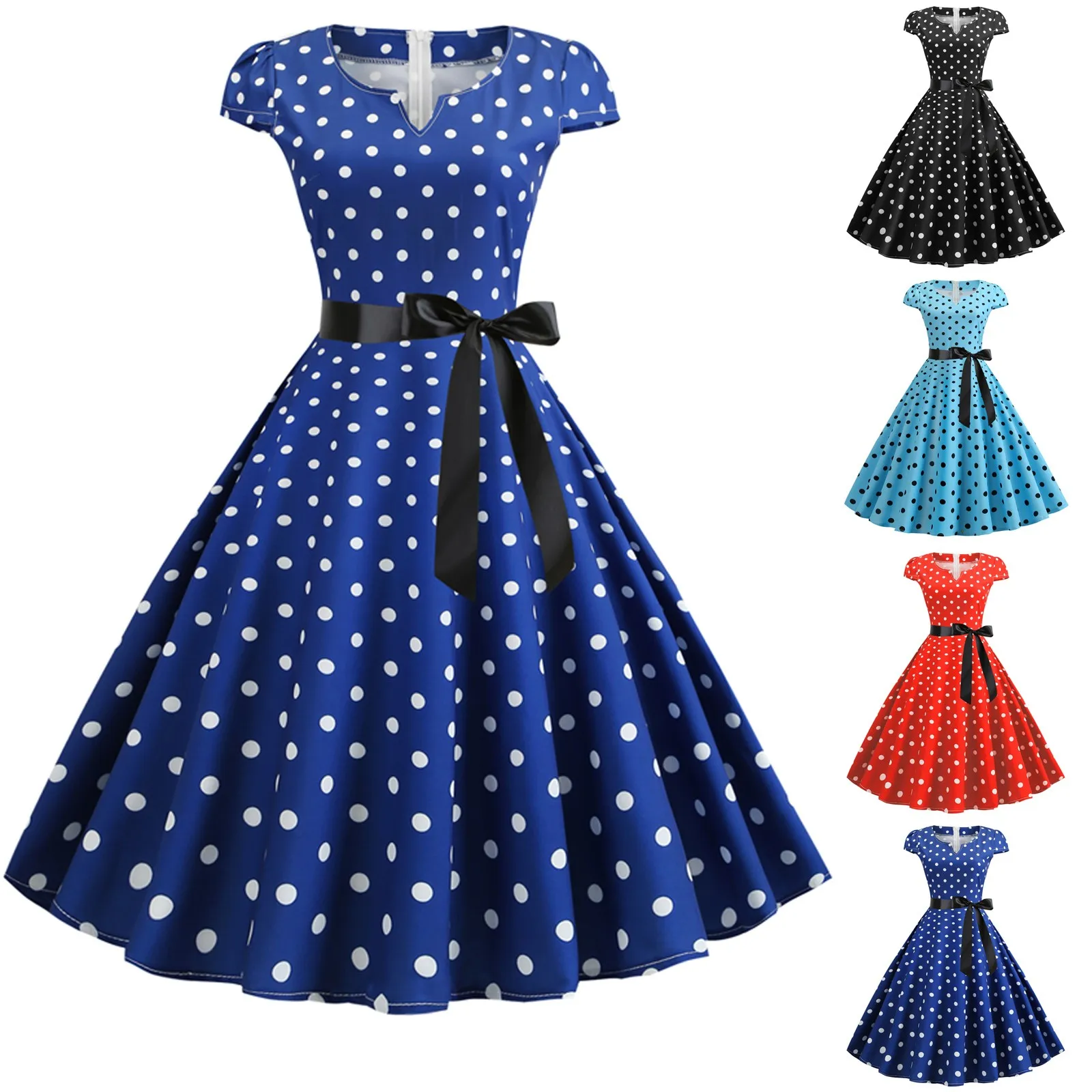 

Woman Retro Dresses Audrey Hepburn 1950s 60s Rockabilly Polka Dot Printed Bowknot Pinup Ball Gown Party Dress Robe Vestidos#g3