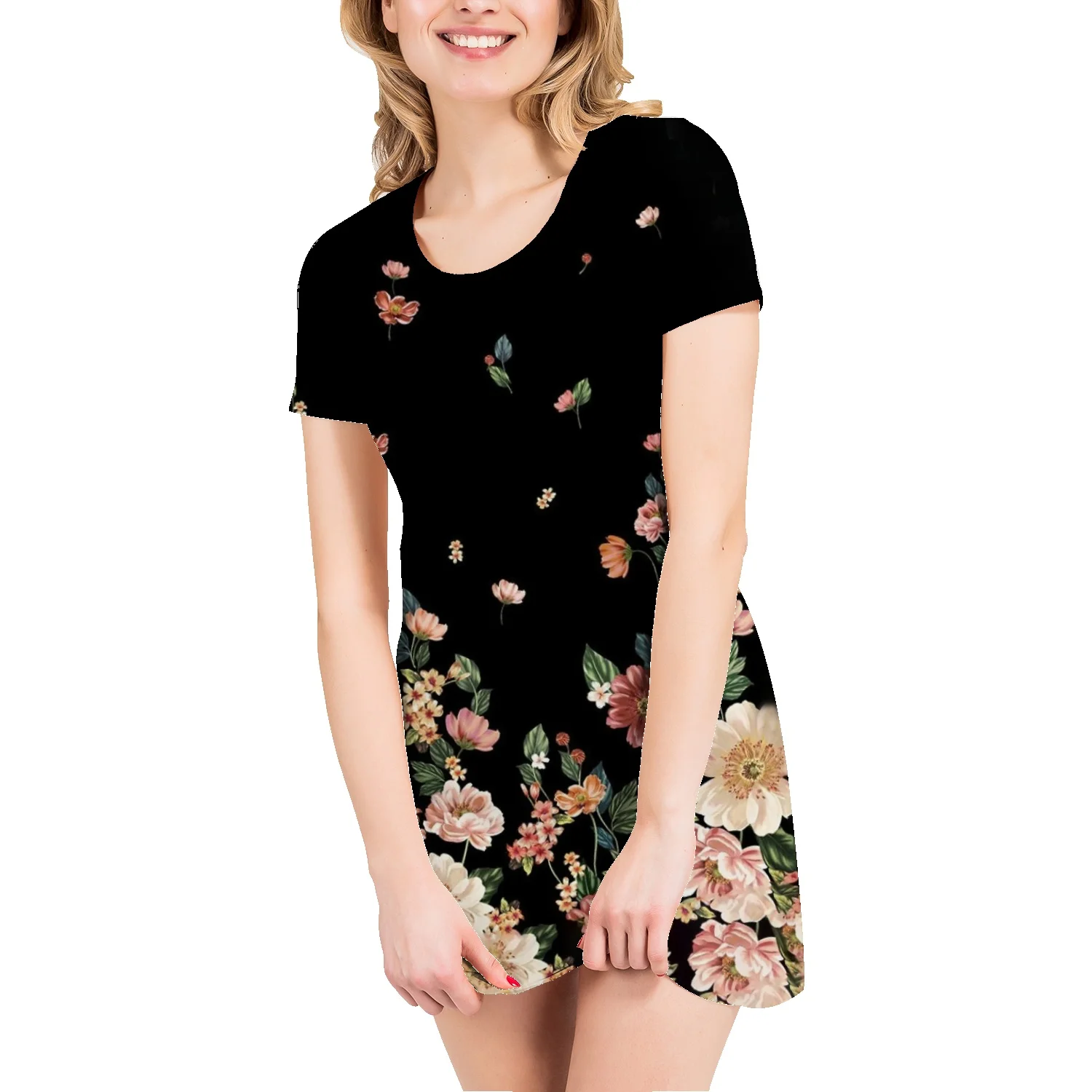 Cotton short-sleeved loose mid-length t-shirt skirt female student creative floral print casual dress classic contrast color top
Cotton short-sleeved loose mid-length t-shirt skirt female student creative floral print casual dress classic contrast color top