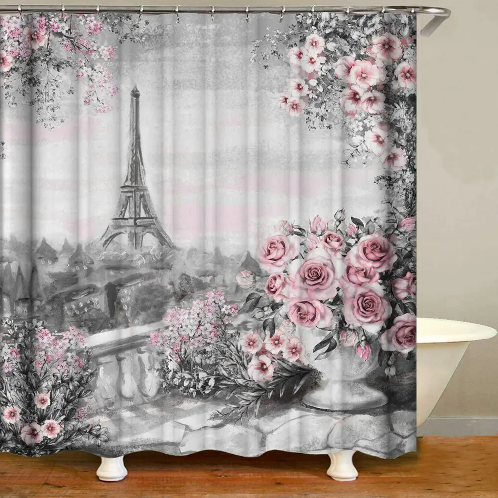 Vintage Paris City Scenery Shower Curtain Tower Pink Rose Flower Painting Spring Bathroom Decor Waterproof Screen With Hooks
Vintage Paris City Scenery Shower Curtain Tower Pink Rose Flower Painting Spring Bathroom Decor Waterproof Screen With Hooks
