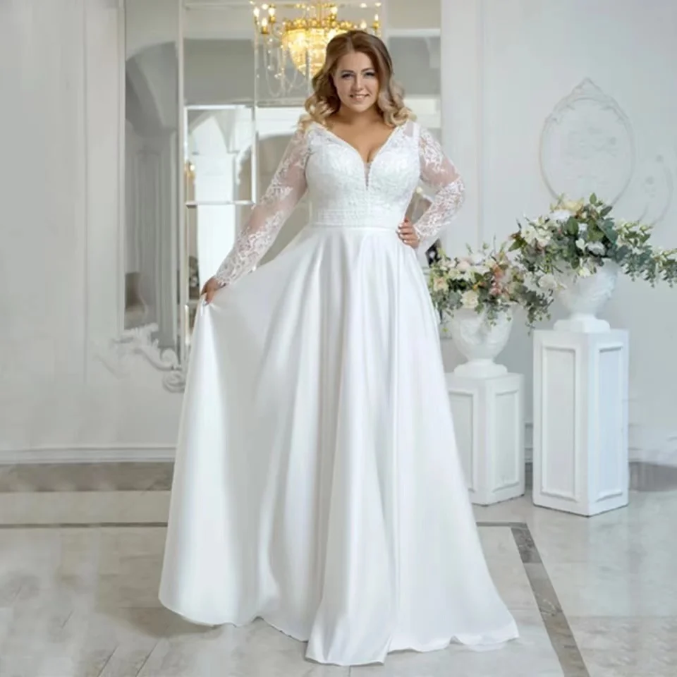 Plus Size Satin Wedding Dress Custom Civil White Bridal Gown With Lace Applique Long Sleeve V Neck Floor Length Свадебное платье
Plus Size Satin Wedding Dress Custom Civil White Bridal Gown With Lace Applique Long Sleeve V Neck Floor Length Свадебное платье