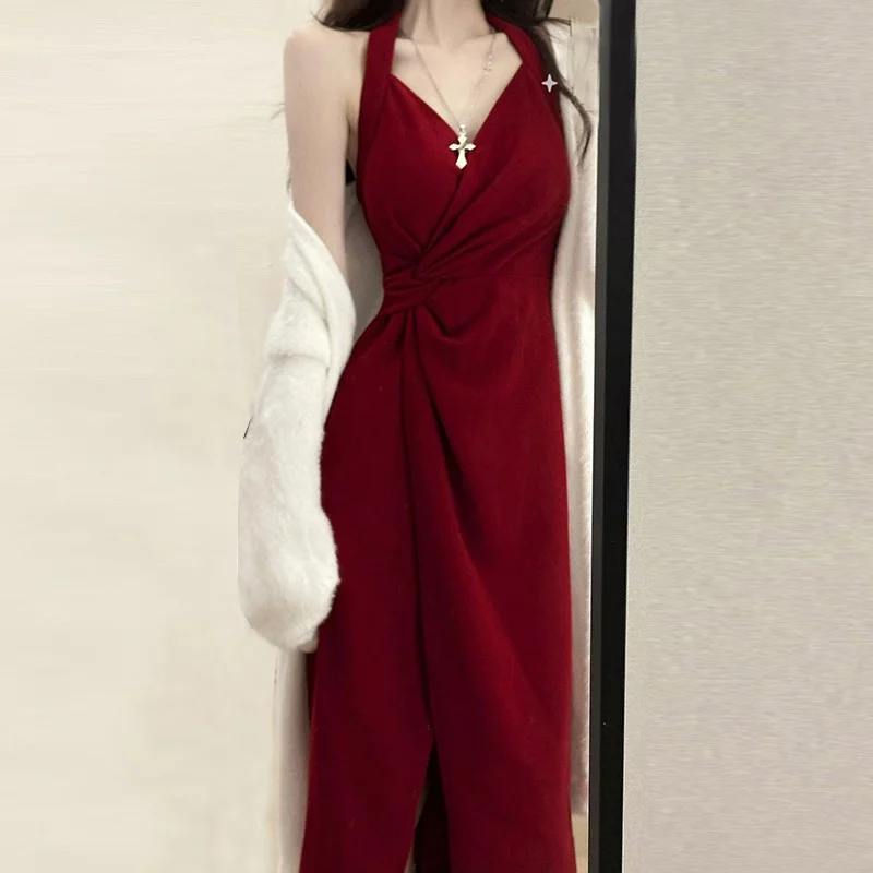 Summer Dress Women French Elegance Vintage New Year's Red Fashion Gentle Temperament Queen Robe Simple Folded Split Female Wear 
Summer Dress Women French Elegance Vintage New Year's Red Fashion Gentle Temperament Queen Robe Simple Folded Split Female Wear