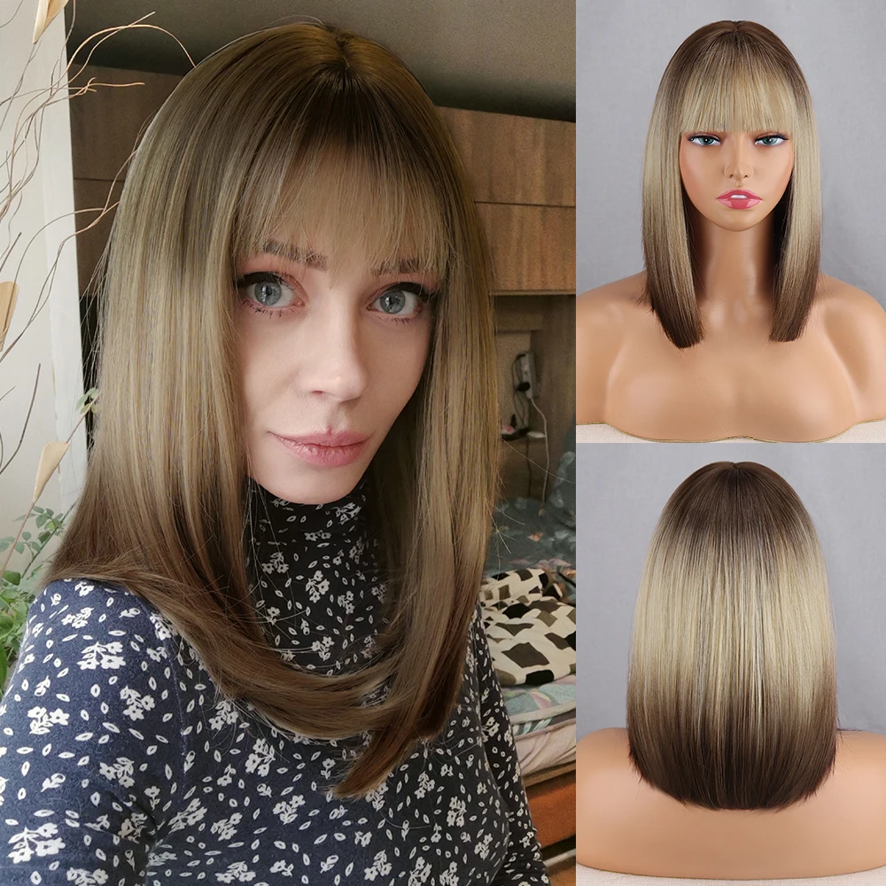 Короткие прямые синтетические парики для женщин, темно-коричневые парики с эффектом омбре, с челкой, для ежедневного косплея, вечерние, термостойкие искусственные волосы