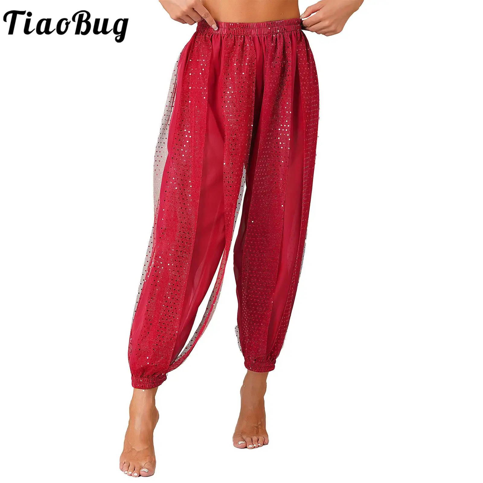 

Womens Belly Dance Pants Sequined Sheer Chiffon 、Stage Performance Trousers Elastic Waistband Semi See-Though Bloomers