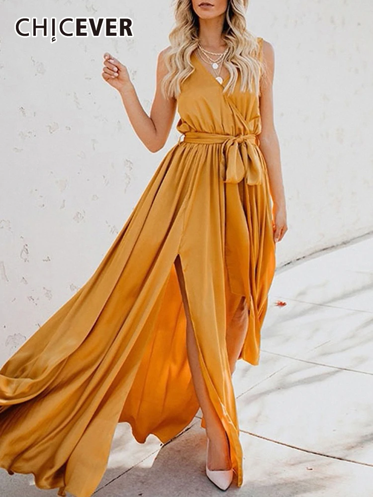 CHICEVER Split Thigh Dresses For Women V Neck Sleeveless Off Shoulder High Waist Tunic Patchwork Lace Up Solid Maxi Dress Female
CHICEVER Split Thigh Dresses For Women V Neck Sleeveless Off Shoulder High Waist Tunic Patchwork Lace Up Solid Maxi Dress Female