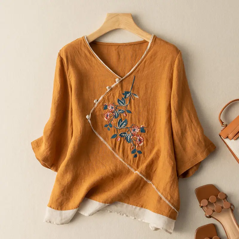 2023 chinese style summer ethnic style literary retro women cotton linen shirt female summer loose v-neck embroidered blouse
2023 chinese style summer ethnic style literary retro women cotton linen shirt female summer loose v-neck embroidered blouse
