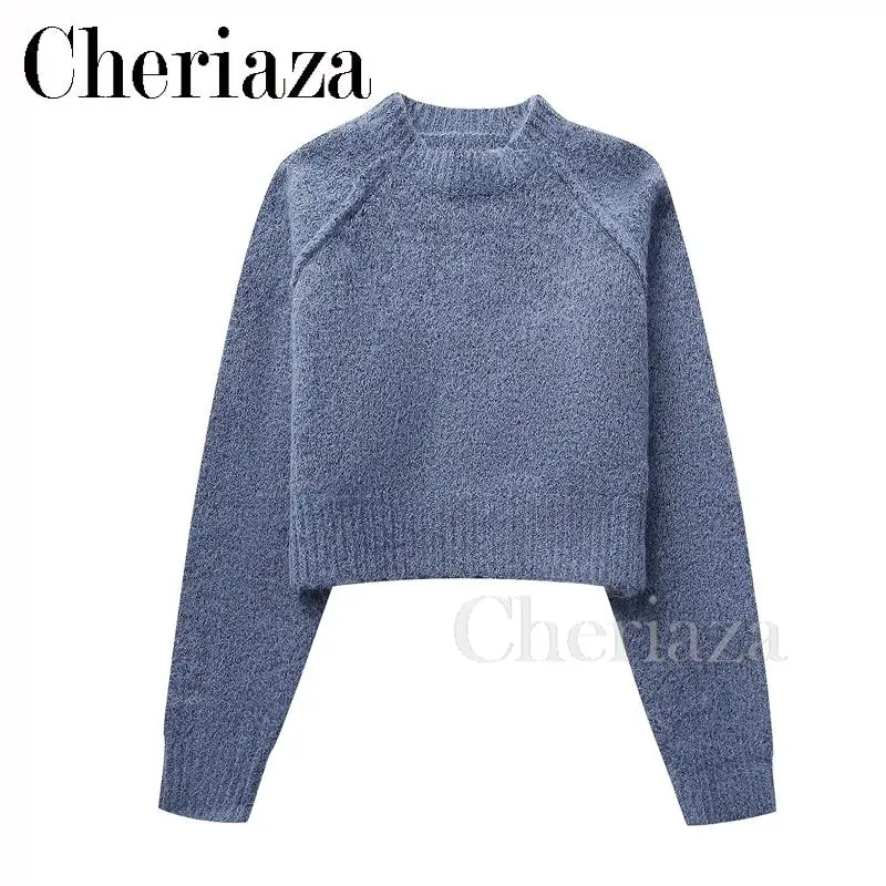 

Cheriaza 2023 Autumn Winter Women New Solid Color Simplicity Fashion Round Neck Short Loose Female Jumper Knitwear Chic Sweater