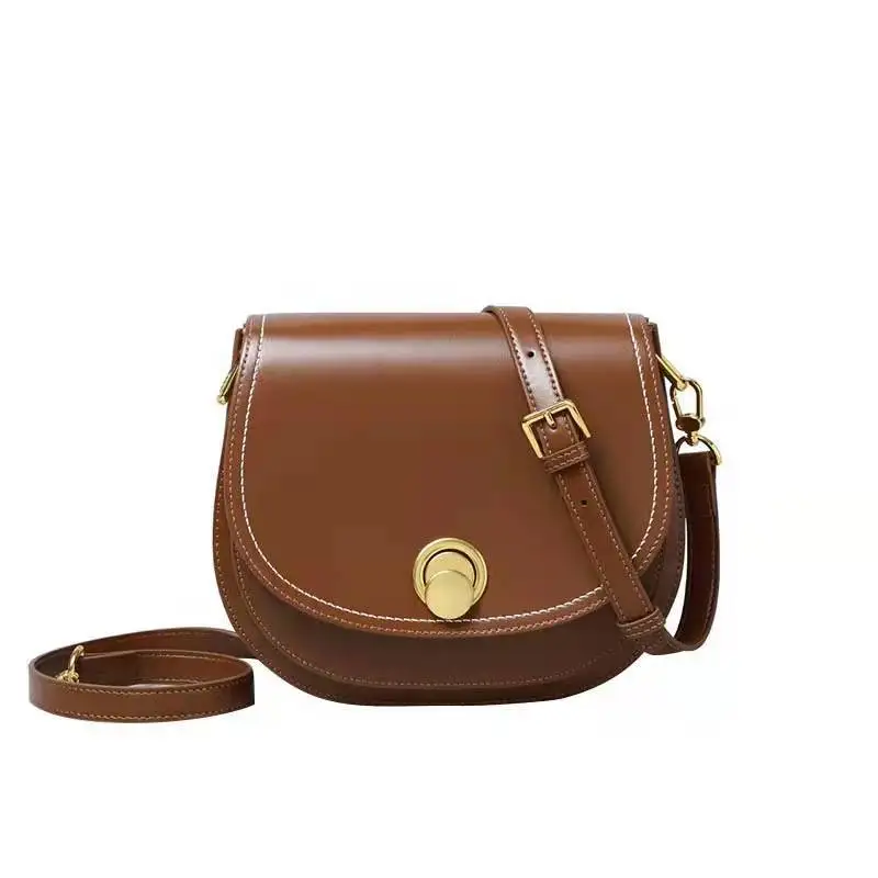 

New 2022 high-grade texture saddle bag Vintage one shoulder fashion leather women's bag round lock diagonal cross bag portable b