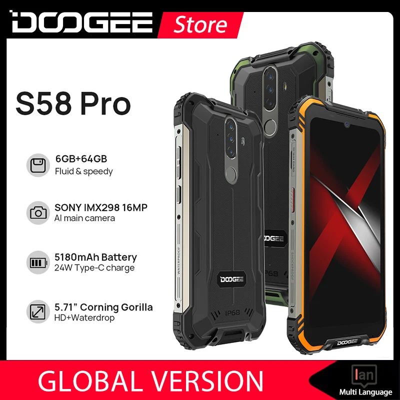 

DOOGEE S58 Pro Rugged Mobile Phone IP68/IP69K 5180mAh 5.71"FHD+Display Helio P22 Octa Core 6GB+64GB Android 10 NFC Smartphone