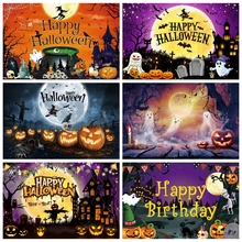 Happy Halloween Backdrop for Kids Horror Night Moon Scary Cemetery Witch Castle Pumpkin Family Portrait Photography Background