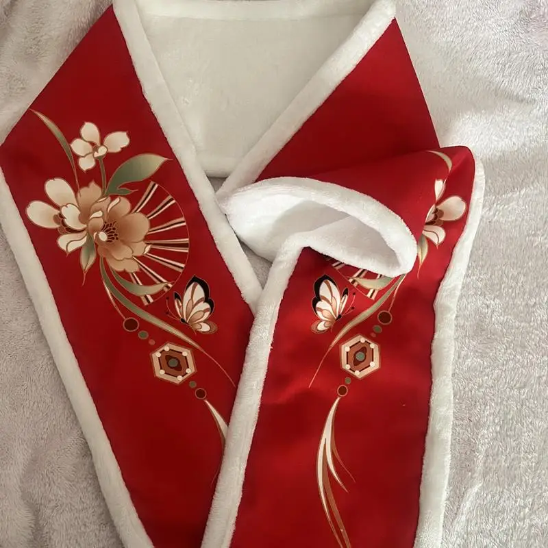 

1 шт. Изысканная декоративная шаль Hanfu в китайском стиле плюшевая утепленная теплая шаль с узором кленового листа бабочки цветов