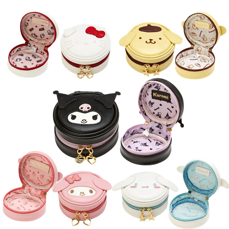 

Kawaii Sanriod Anime Series Cinnamoroll Kuromi My Melody Pom Pom Purin Hellokittys Round Storage Jewelry Box Earphone Coin Purse