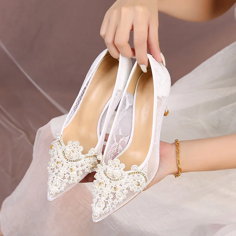 

Hollow Slip On 2023 Beige High Heels Lace Shoes Pointed Pumps Lace-Up Sandals Ladies Slip-On Latest 12cm Fine Toe Gold Casual Su