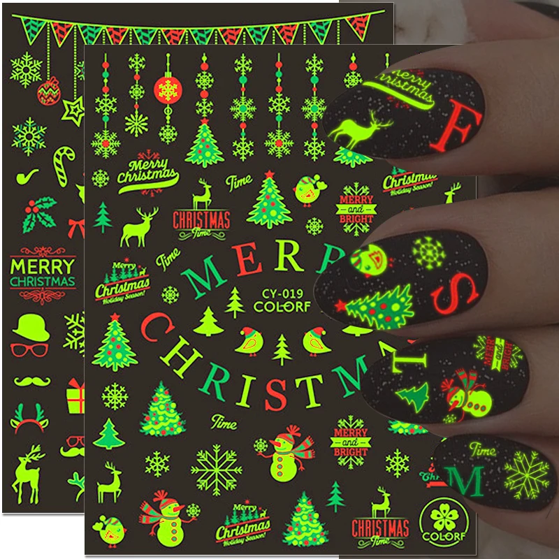 

Luminous Christmas Nail Stickers 3D Elk Santa Snowflake Nail Art Stickers Glowing In The Dark Nail Decals Winter Nail Supplies