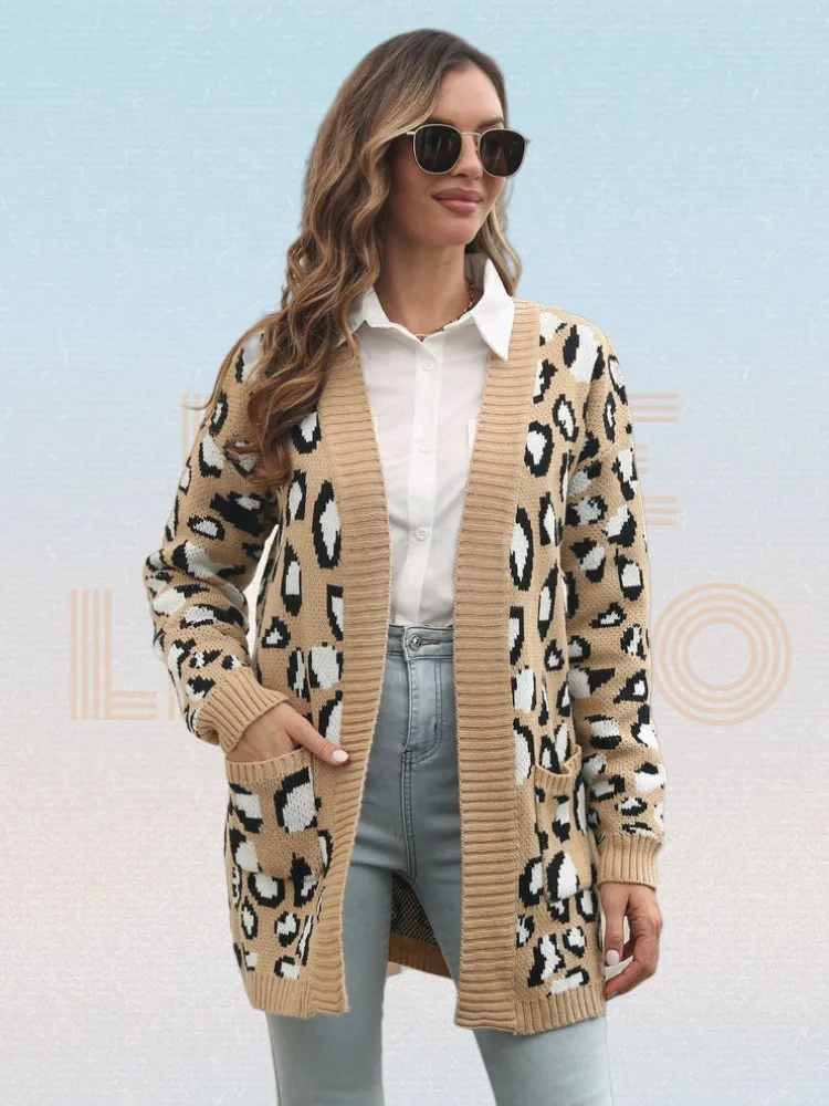 Open Front Patch Pocket Leopard Cardigan Women Autumn Dual Pocket Drop Shoulder Cardigan Loose Long Cardigan Khaki Long Coat
Open Front Patch Pocket Leopard Cardigan Women Autumn Dual Pocket Drop Shoulder Cardigan Loose Long Cardigan Khaki Long Coat