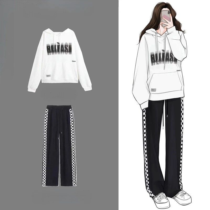 2023 Single Spring and Autumn New Hooded Sweater Female Students Loose Suit Plaid Wide-legged Pants Two-piece Set Y2K
2023 Single Spring and Autumn New Hooded Sweater Female Students Loose Suit Plaid Wide-legged Pants Two-piece Set Y2K