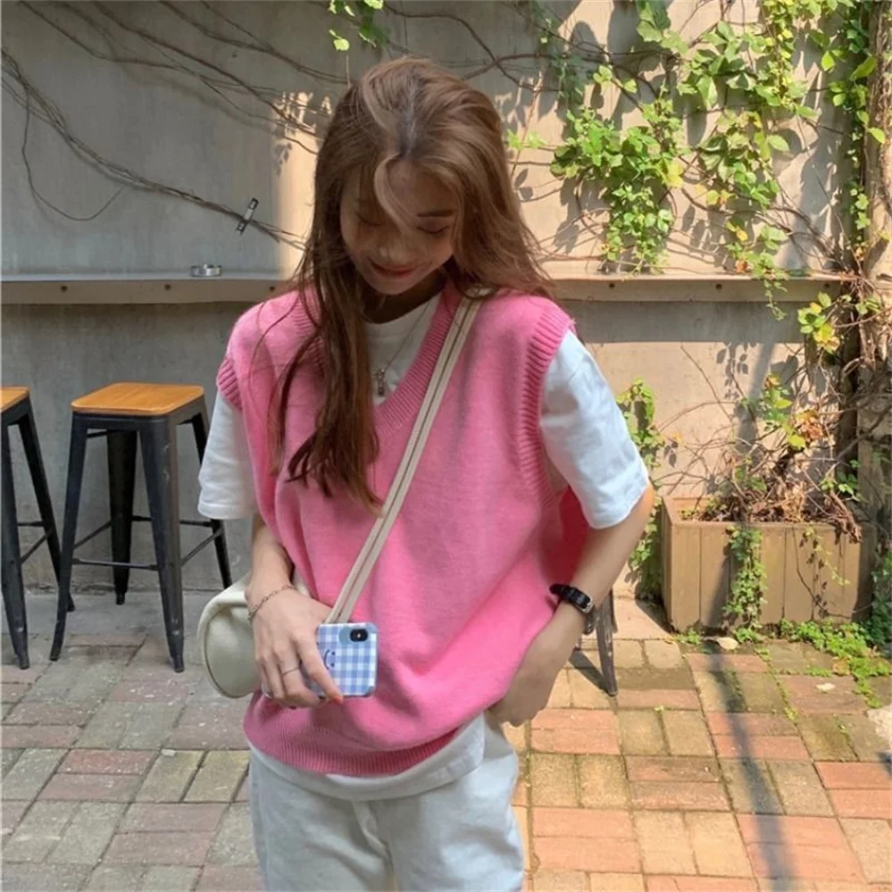 Preppy Sweet Vest Knitting Outwear Pink Waistcoats Sweater Girl Sweaters Cozy Sleeveless V-neck Solid Spring Women Femme
Preppy Sweet Vest Knitting Outwear Pink Waistcoats Sweater Girl Sweaters Cozy Sleeveless V-neck Solid Spring Women Femme