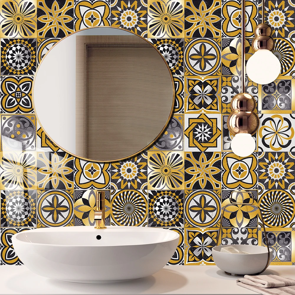 16pcs Gold and Black Ceramics Tiles Wall Sticker Kitchen Bathroom Tables Art Mural Home Decor Peel & Stick PVC Wallpaper
16pcs Gold and Black Ceramics Tiles Wall Sticker Kitchen Bathroom Tables Art Mural Home Decor Peel & Stick PVC Wallpaper
