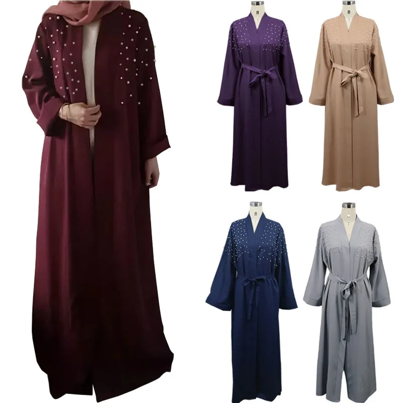 

Рамадан, абайя, Элегантный женский мусульманский открытый кардиган, макси-платье с бисером, кимоно, Дубай, Арабский кафтан, турецкий длинный халат, кафтан Jalabiya