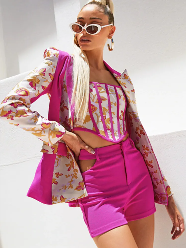 Women High Quality 3 Piece Set Party Outfits Hot Pink Floral Blazer Corset Camisoles and Shorts Celebrity Evening Party Outfits
Women High Quality 3 Piece Set Party Outfits Hot Pink Floral Blazer Corset Camisoles and Shorts Celebrity Evening Party Outfits