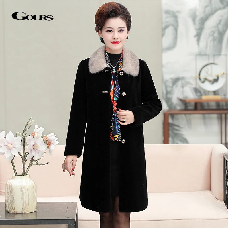 

GOURS Winter Genuine Shearling Jacket Women Wool Real Fur Long Coat Natural Mink Fur Collar Thick Warm Soft New Plus Size LD1975