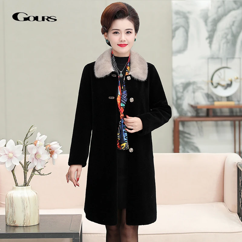 GOURS Winter Genuine Shearling Jacket Women Wool Real Fur Long Coat Natural Mink Fur Collar Thick Warm Soft New Plus Size LD1975
GOURS Winter Genuine Shearling Jacket Women Wool Real Fur Long Coat Natural Mink Fur Collar Thick Warm Soft New Plus Size LD1975
