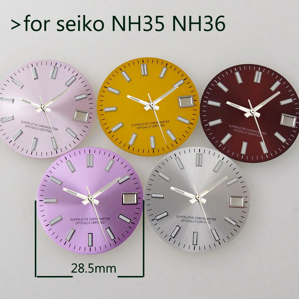 

Glossy Sunburst Silver 28.5mm Watch Dial Face for S NH35 NH36 Movt Luminous Markers Hand Set Date Enamel Face Watch Accessories