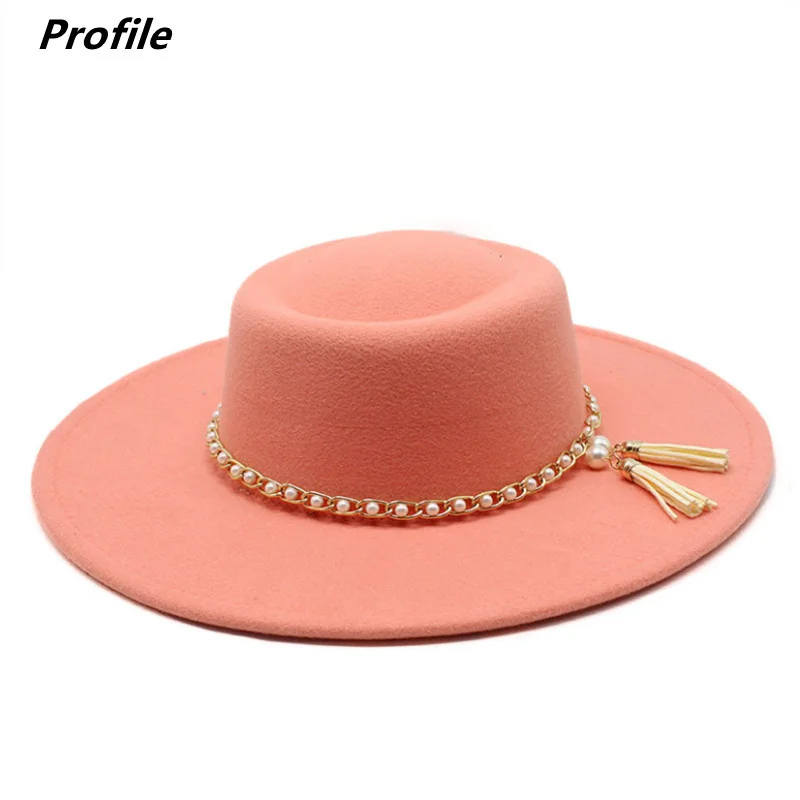 

Шляпа Федора серия с жемчужной цепочкой осень-зима модная мужская и женская фетровая джазовая шляпа Федора женская