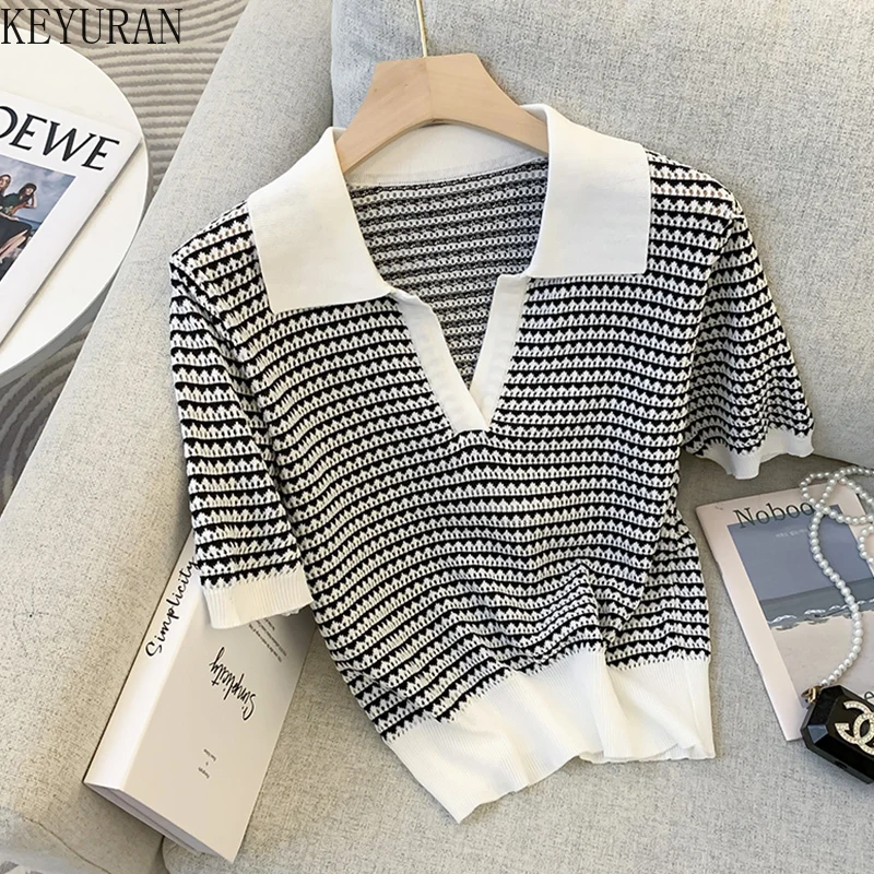 Summer Woman Sweaters Black and White Striped Hollow Knitted T-Shirt Women Short-sleeved Polo Shirt Casual Loose Chic Top Tee
Summer Woman Sweaters Black and White Striped Hollow Knitted T-Shirt Women Short-sleeved Polo Shirt Casual Loose Chic Top Tee