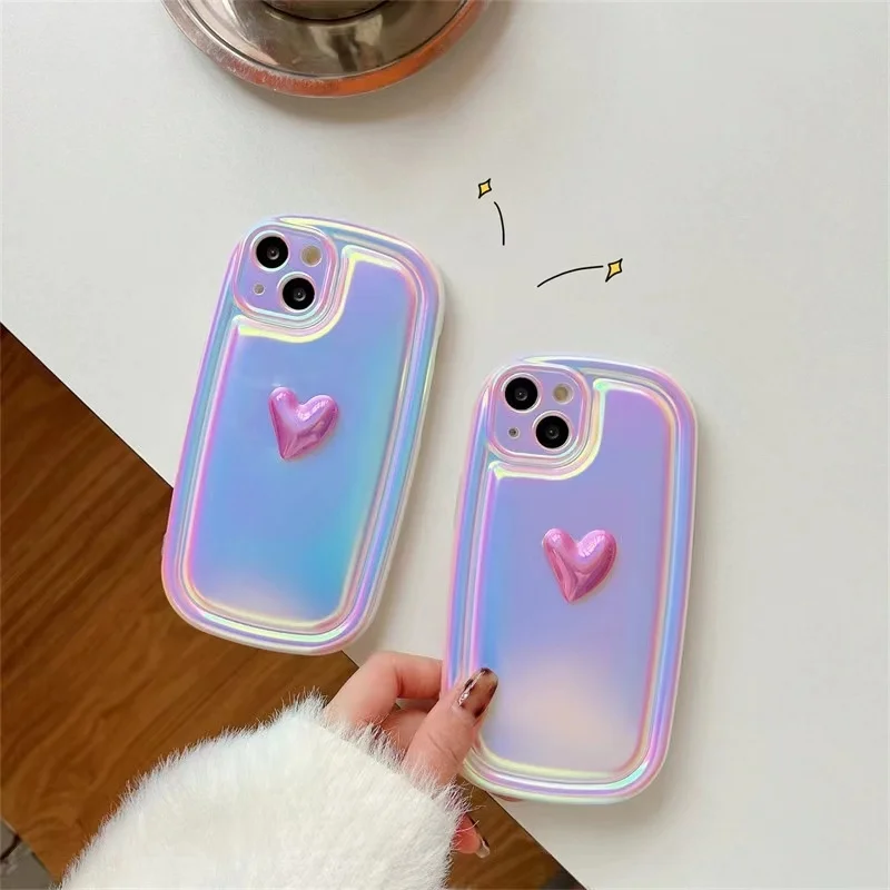 INS милый 3D лазерный чехол для телефона с любовным сердцем для iPhone 14 13 12 11 Pro Max 14 Plus с закругленными краями ТПУ полное покрытие ударопрочный че...