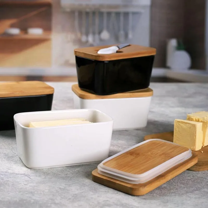 

Коробка для масла в скандинавском стиле, герметичная коробка с деревянной крышкой, нож, блюдо для еды, керамический держатель, поднос для сыра, тарелка, Кухонный Контейнер для хранения