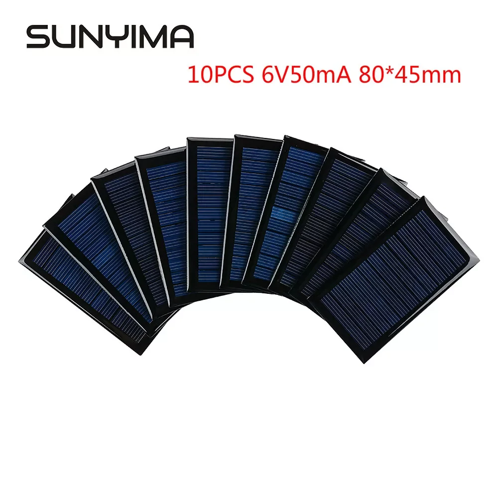 SUNYIMA 10PCS 80x45mm 6V 50mA 0.3W Solar Panel Mini Solar System DIY for Battery Cell Phone Chargers Portable Solar Cell
SUNYIMA 10PCS 80x45mm 6V 50mA 0.3W Solar Panel Mini Solar System DIY for Battery Cell Phone Chargers Portable Solar Cell