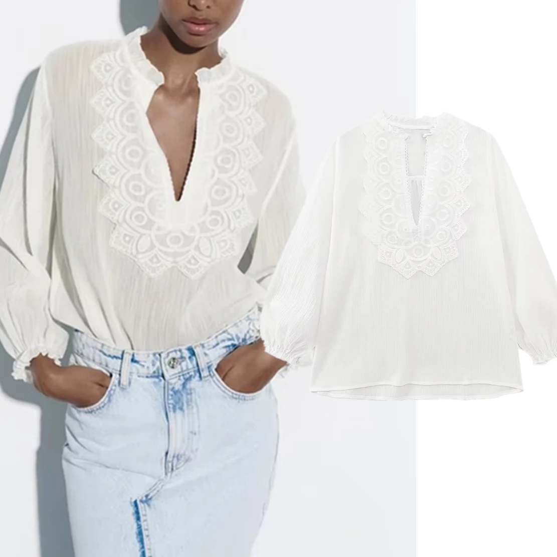 Withered Office Lady Elegant White Lace Patchwork V-neck Shirt Fashion Casual Blouse Women Tops
Withered Office Lady Elegant White Lace Patchwork V-neck Shirt Fashion Casual Blouse Women Tops