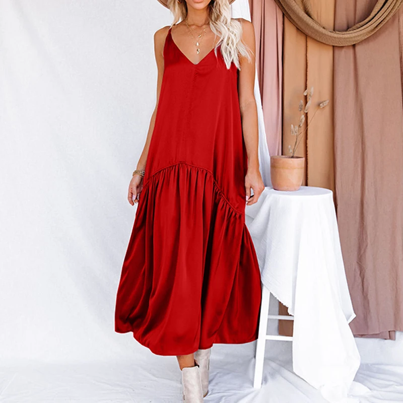 Fashion Lady Satin V-Neck Stitching Pleat Party Dress Summer Loose Sling Maxi Dress Women Oversized Sleeveless Boho Beach Dress
Fashion Lady Satin V-Neck Stitching Pleat Party Dress Summer Loose Sling Maxi Dress Women Oversized Sleeveless Boho Beach Dress