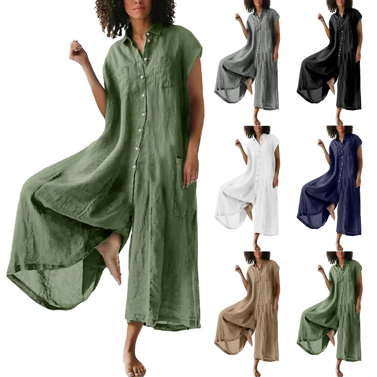 Retro Cotton Linen Shirt Jumpsuit Rompers Solid Color Summer 2023 Lapel Button Loose Overalls Casual Vintage Wide Leg Jumpsuits
Retro Cotton Linen Shirt Jumpsuit Rompers Solid Color Summer 2023 Lapel Button Loose Overalls Casual Vintage Wide Leg Jumpsuits