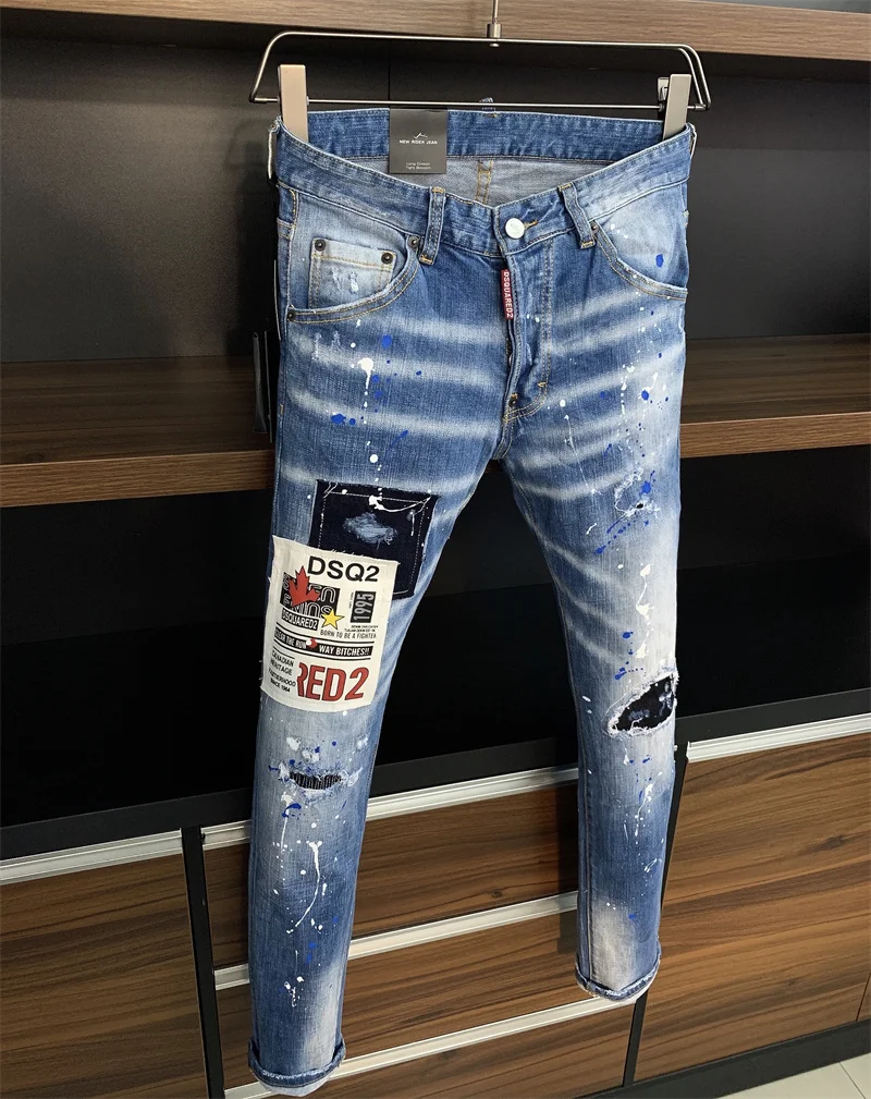 New Arrivals DSQUARED2 Men's/Women Fashion Slim-Fit Ripped Patch Jeans, Paint Ripped Ink Micro-Elastic Blue Pants 08
New Arrivals DSQUARED2 Men's/Women Fashion Slim-Fit Ripped Patch Jeans, Paint Ripped Ink Micro-Elastic Blue Pants 08