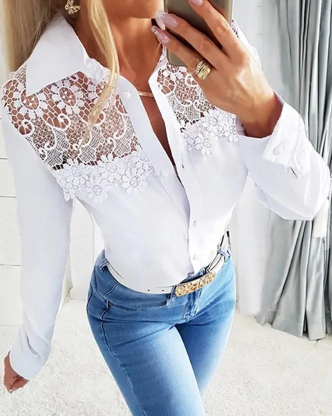 

Button Lace Daily Slight Stretch Shirt Semi-Sheer Patch Turn-Down Collar Long Sleeve Floral Pattern Cotton Top Commuting Style