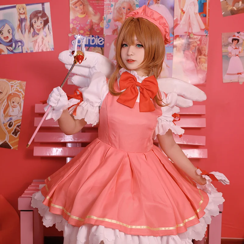 

Anime Cardcaptor Sakura Cosplay Lolita Maid Dress Costumes Card Captor Kinomoto Pink Kawaii Dress Uniform Clothing Wig Wings