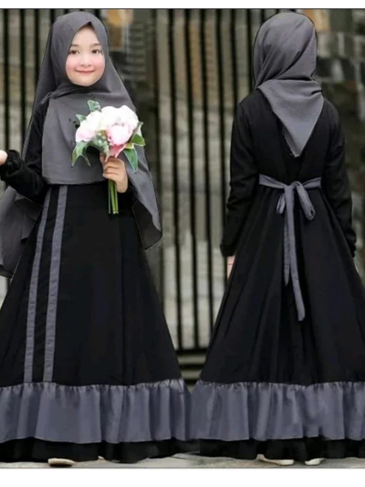 

2Pcs Muslim Ramadan Prayer Dress Abaya Sets Children Girls Eid Khimar Hijab Arab Kids Long Robe Headscarf Jilbab Kaftan Gown