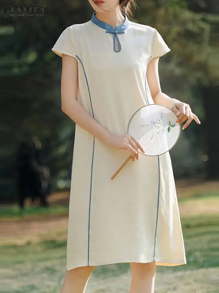 ZANZEA Vintage Color Block Knee-length Dresses Summer Women Cap Sleeve Keyhole Neck A-line Dress Casual Loose Binding Retro Robe
ZANZEA Vintage Color Block Knee-length Dresses Summer Women Cap Sleeve Keyhole Neck A-line Dress Casual Loose Binding Retro Robe